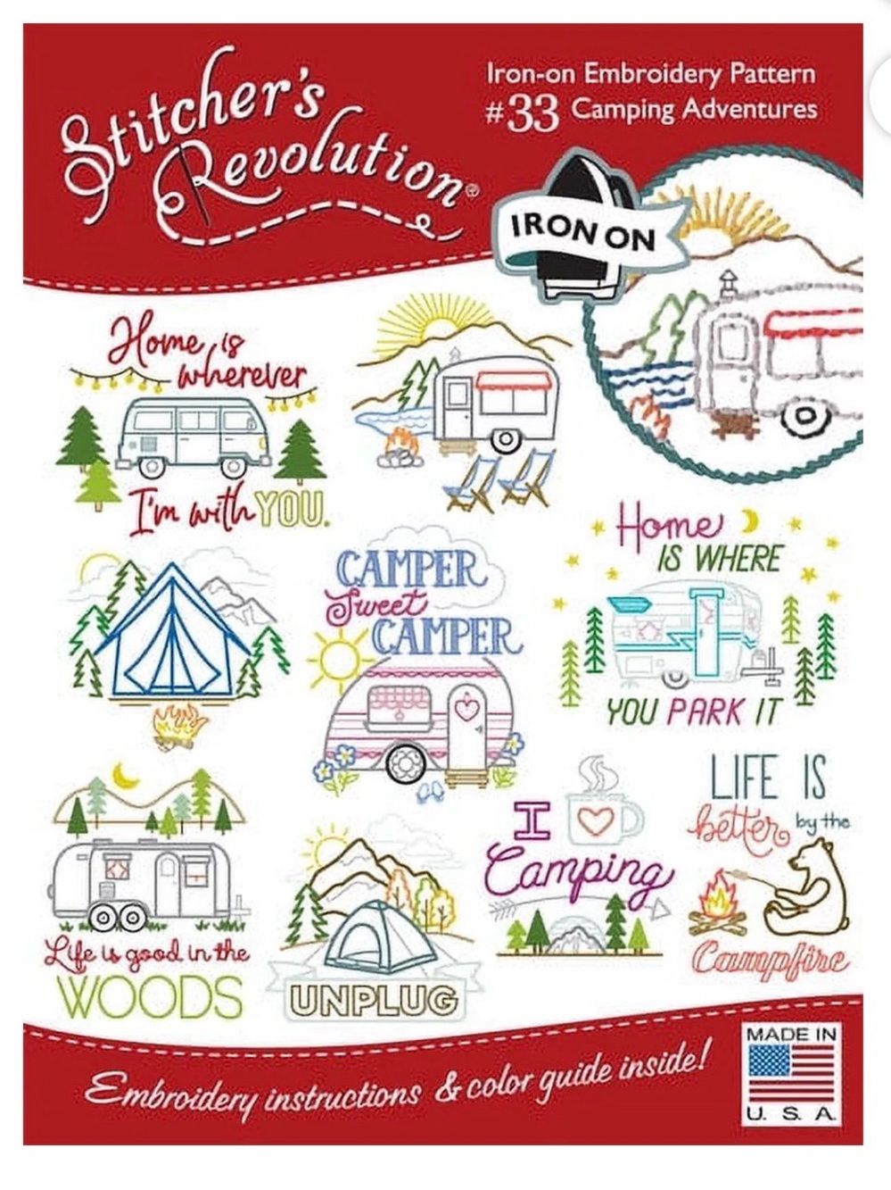 Stitchers Revolution IRON ON TRANSFERS #33 Embroidery Pattern Camping Adventures